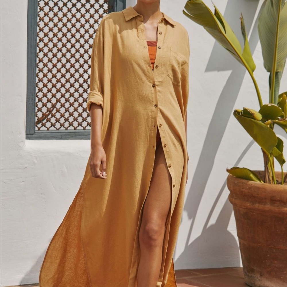 Anthropologie Oversized Linen Maxi Button-Up Dress S